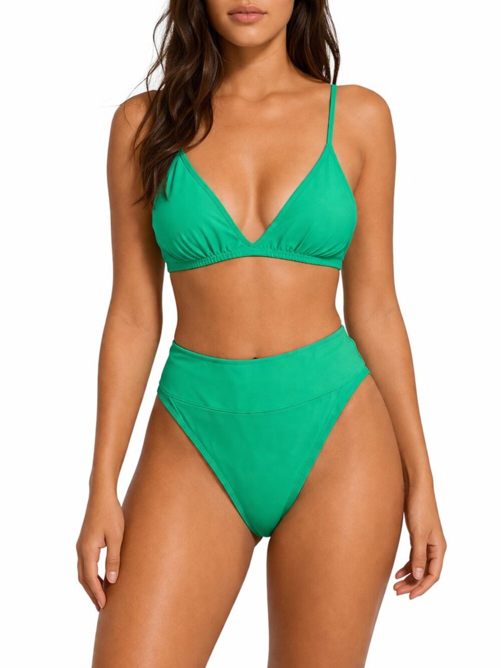 Women's Green Minimal Bikini Set - Triangle Top High Cut Bottoms, XS